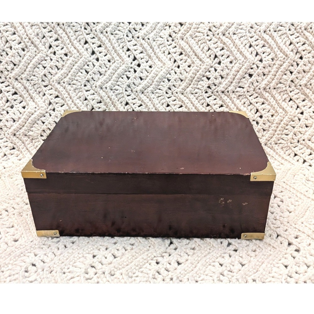 Vintage Wood Jewelry Box Brass Corner Campaign Style Green Velvet Lining 11x7x4
